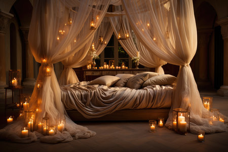 Romantic canopy, soft lit bed, generative AIの素材