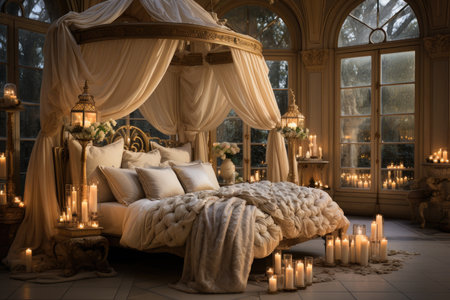 Romantic canopy, soft lit bed, generative AIの素材
