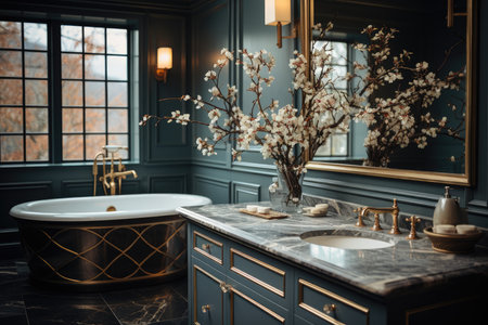 Elegant toilet floral wallpaper, framed mirror and marble bench., generative AIの素材