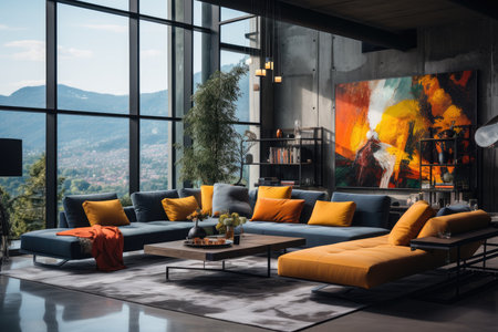 Urban Loft Minimalist with panoramic views and coarse materials., generative AIの素材