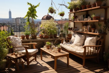 Serene refuge sunny terrace with books, rocking chair and plants., generative AIの素材