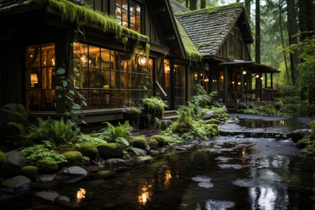 Serene refuge cozy wood house next to the stream., generative AIの素材