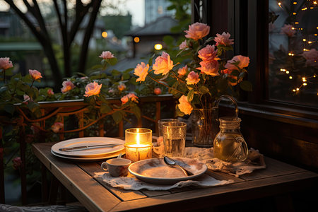Romantic balcony lights, flowers and dinners table., generative AIの素材