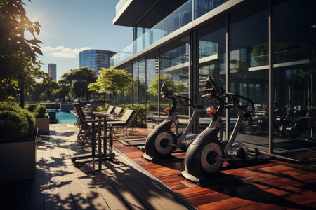 Sports balcony with bicycles, equipment and energy., generative AIの素材