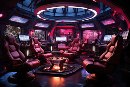 Futuristic room of high-tech games with virtual reality and running simulations, generative AIの素材