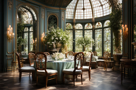 Classic dining room period furniture, floral and ornate curtains., generative IAの素材