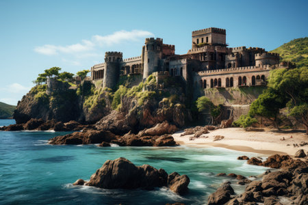 Historical fortress in isolated island, surrounded by the sea., generative AIの素材