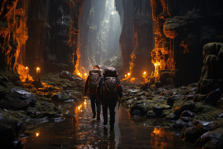 Curious explorers enter a mysterious cave, generative AIの素材