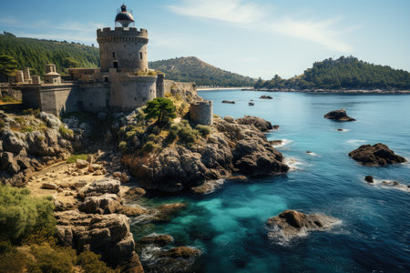 Majestic Historical Fortress in Coastal Island., generative AIの素材