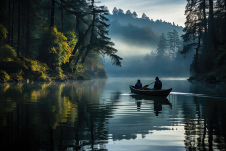 Lonely fisherman in serene lake, generative AIの素材
