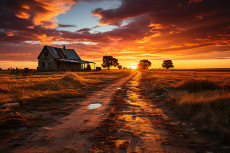 Sunset in a rural scenario with barns and silos., generative AIの素材