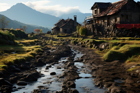 Ancient village in the midst of lava fields., generative AIの素材
