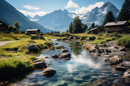 Alpine huts on the edge of a mountain lake., generative AIの素材