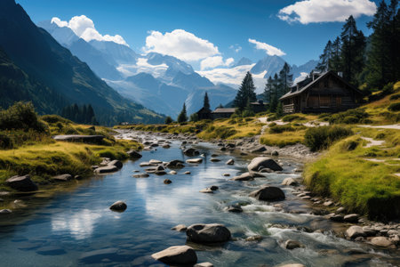 Alpine huts on the edge of a mountain lake., generative AIの素材