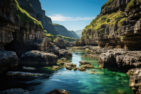 Tropical canyon with lush green vegetation., generative AIの素材