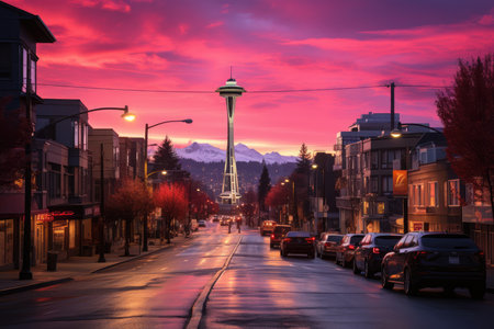 City in hot orange and pink tones at sunset., generative AIの素材