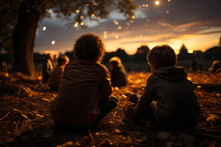 Children absorb myths of the stars under the moonlight., generative AIの素材
