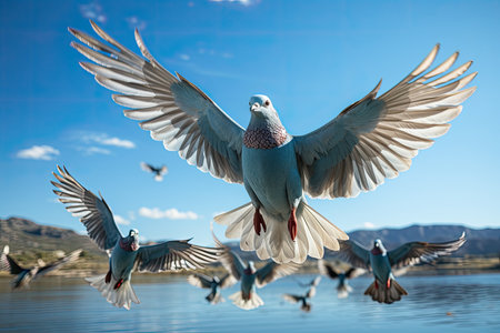 Pigeons in flight synchronized in the sky., generative AIの素材