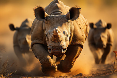 Babies rhinos play around their mother in the savannah., generative AIの素材