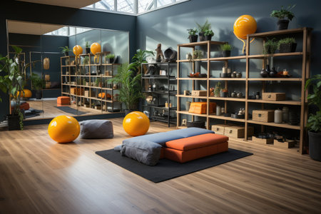 Well-equipped post workout stretching space., generative AIの素材