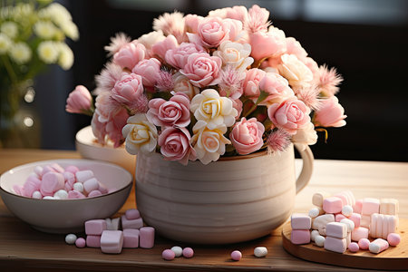 Marshmallows bouquet in pastel shades on rustic table., generative AIの素材