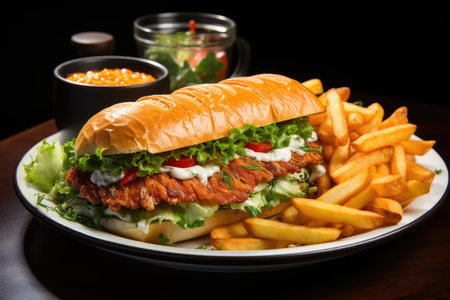 Fish hamburger with tartar sauce and chips., generative AIの素材