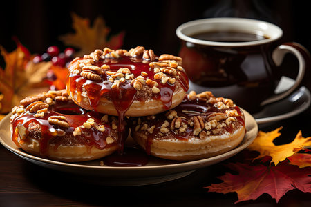 Golden Donuts and Maple Syrup in the autumn morning., generative AIの素材