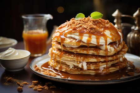 Apple pancakes with caramel syrup. Delicious!, generative AIの素材