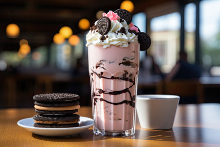 Vanilla Milkshake with Oreo, whipped cream and straw., generative AIの素材