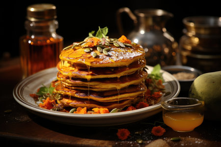 Pumpkin pancakes with seeds, covered with syrup., generative AIの素材