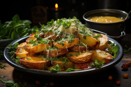 Mountain of potatoes with melted cheese and herbs., generative AIの素材