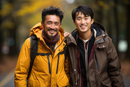 Person smiling, helping elderly cross street., generative AIの素材
