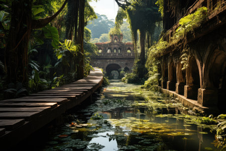 Bridge suspended in lush jungle., generative AIの素材