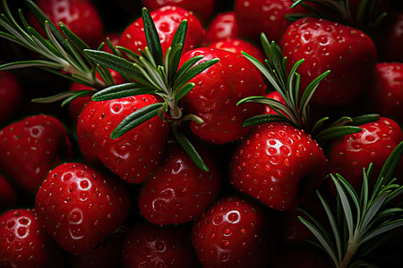 Branches of rosemary and intertwined fresh strawberries., generative AIの素材