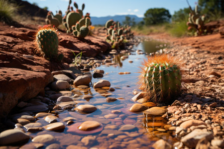 Cacti by the desert stream., generative AIの素材