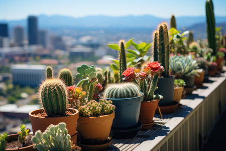 Cacti in Urban Terrace Oasis green in the city., generative AIの素材