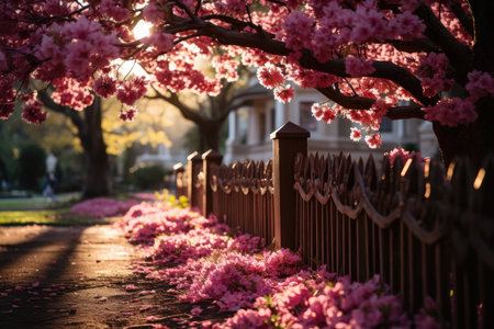 Cherry in residential garden with pink flowers., generative AIの素材