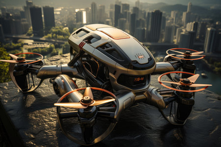 Modern drone cutting skies into clouds, generative AIの素材