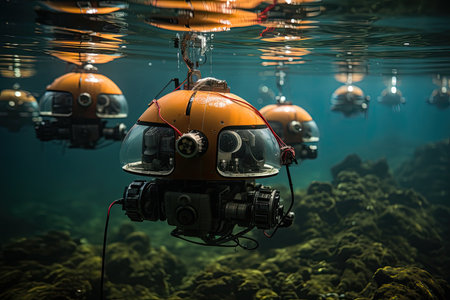 Ocean robot fleet captures plastic in coordinated action., generative AIの素材