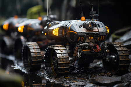 Robots exploring dark and rocky mine., generative AIの素材