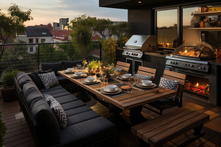Gourmet balcony barbecue, bench and outdoor meals., generative AIの素材