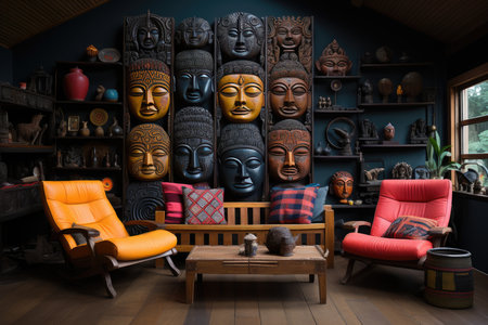 Eclectic room with cultural mix and various styles, generative AIの素材