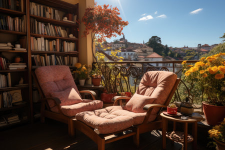 Sunny balcony with bookshelves and welcoming corner, generative AIの素材