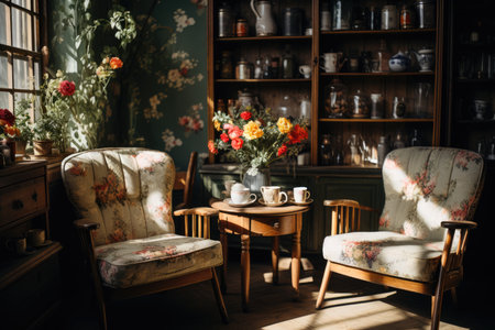 Vintage living room with retro furniture and printed wallpaper., generative AIの素材