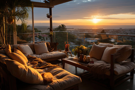 Serene balcony with net and pillows, stunning view, generative AIの素材
