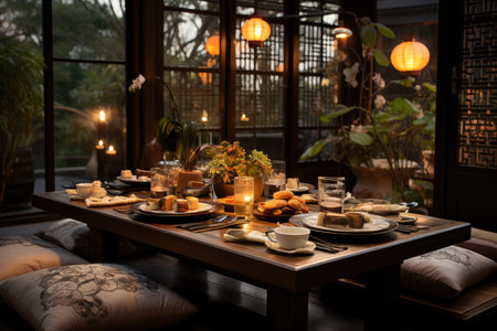 Eastern dining room with mat and pillows., generative AIの素材