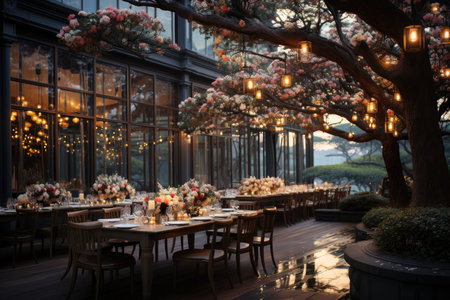 Outdoor party room illuminated with flowers., generative AIの素材