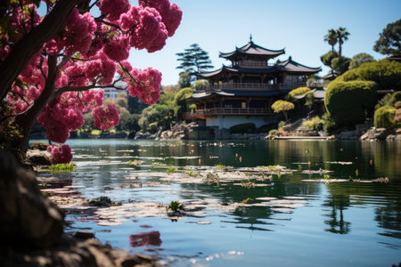 Serene Scenario Japanese Garden in San Diego., generative AIの素材