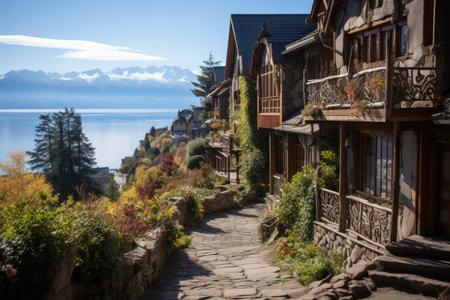Bariloche Civic Center Alpine architecture and majestic landscape., generative AIの素材