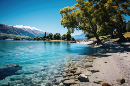 Roy's Bay Beach in Wanaka, NZ Picnics by the lake., generative AIの素材